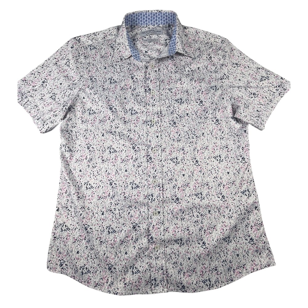 Nick Graham Shirt Mens Medium White Pink Everywhere Stretch Modern Fit Splatter